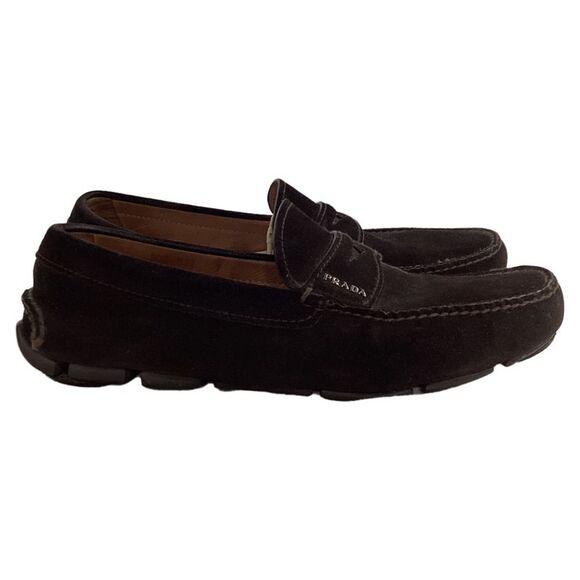 Prada Logo Penny Driver Loafers in Brown Suede